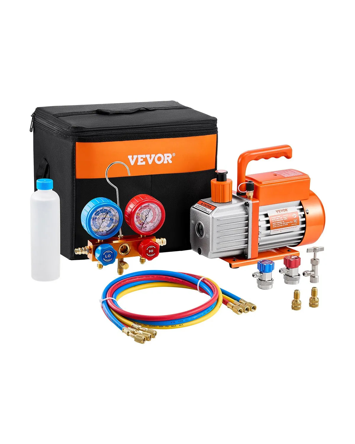 VEVOR vienpakāpes HVAC vakuuma sūknis ar manometru komplektu 217 l/min, rotācijas lāpstiņu konstrukcija, ar šļūtenēm, piemērots R134a, R12, R22, R502a, R410A, R404, R407C aukstuma aģentiem