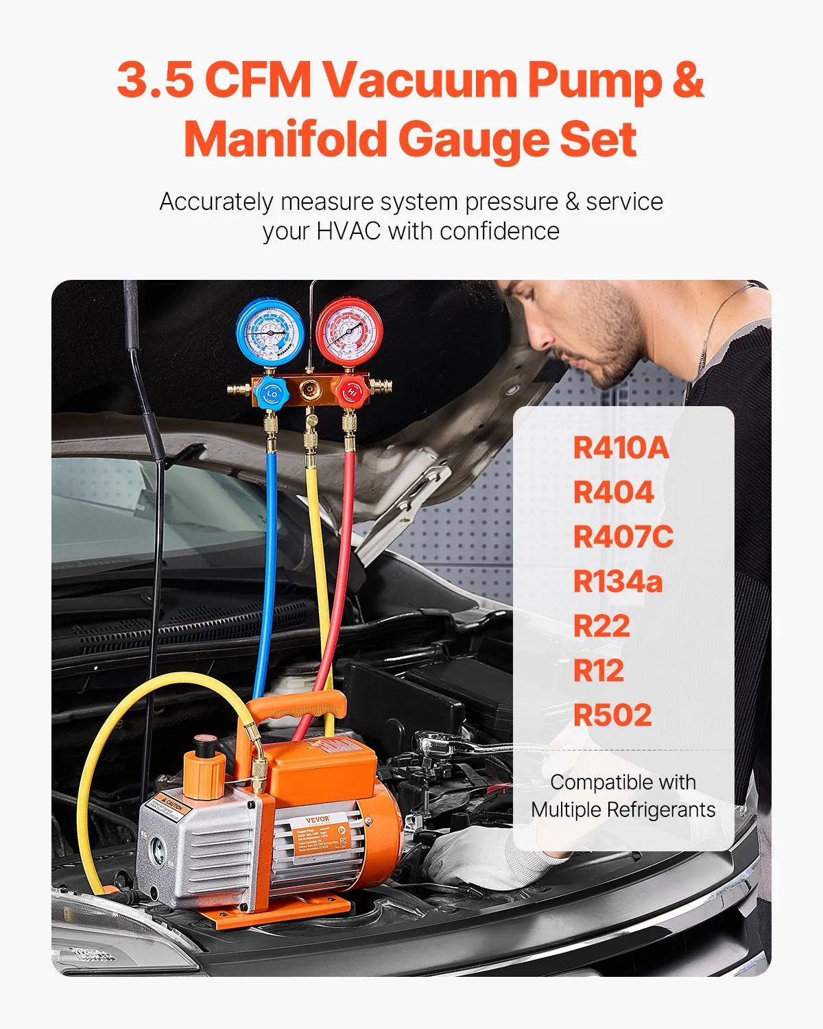 VEVOR vienpakāpes HVAC vakuuma sūknis ar manometru komplektu 217 l/min, rotācijas lāpstiņu konstrukcija, ar šļūtenēm, piemērots R134a, R12, R22, R502a, R410A, R404, R407C aukstuma aģentiem