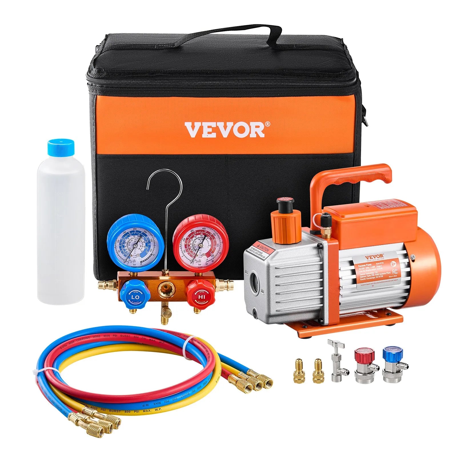 VEVOR vienpakāpes HVAC vakuuma sūknis ar manometru komplektu 217 l/min, rotācijas lāpstiņu konstrukcija, ar šļūtenēm, piemērots R134a, R12, R22, R502a, R410A, R404, R407C aukstuma aģentiem