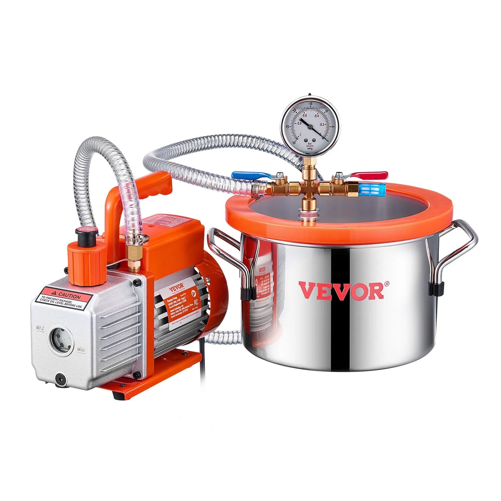 VEVOR vakuuma kamera 5,7 l ar vienpakāpes vakuuma sūkni 100 l/min, nerūsējošā tērauda kamera ar akrila vāku, ar eļļu un 1,5 m šļūteni, paredzēta sveķu, silikonu un epoksīdu degazācijai