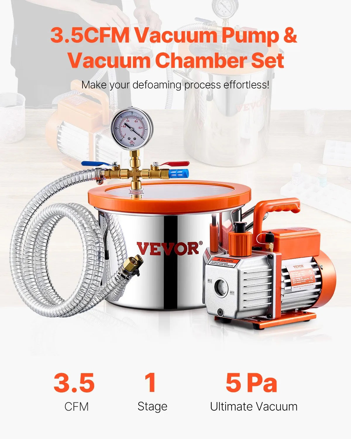 VEVOR vakuuma kamera 5,7 l ar vienpakāpes vakuuma sūkni 100 l/min, nerūsējošā tērauda kamera ar akrila vāku, ar eļļu un 1,5 m šļūteni, paredzēta sveķu, silikonu un epoksīdu degazācijai
