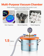 VEVOR vakuuma kamera 5,7 l ar vienpakāpes vakuuma sūkni 100 l/min, nerūsējošā tērauda kamera ar akrila vāku, ar eļļu un 1,5 m šļūteni, paredzēta sveķu, silikonu un epoksīdu degazācijai