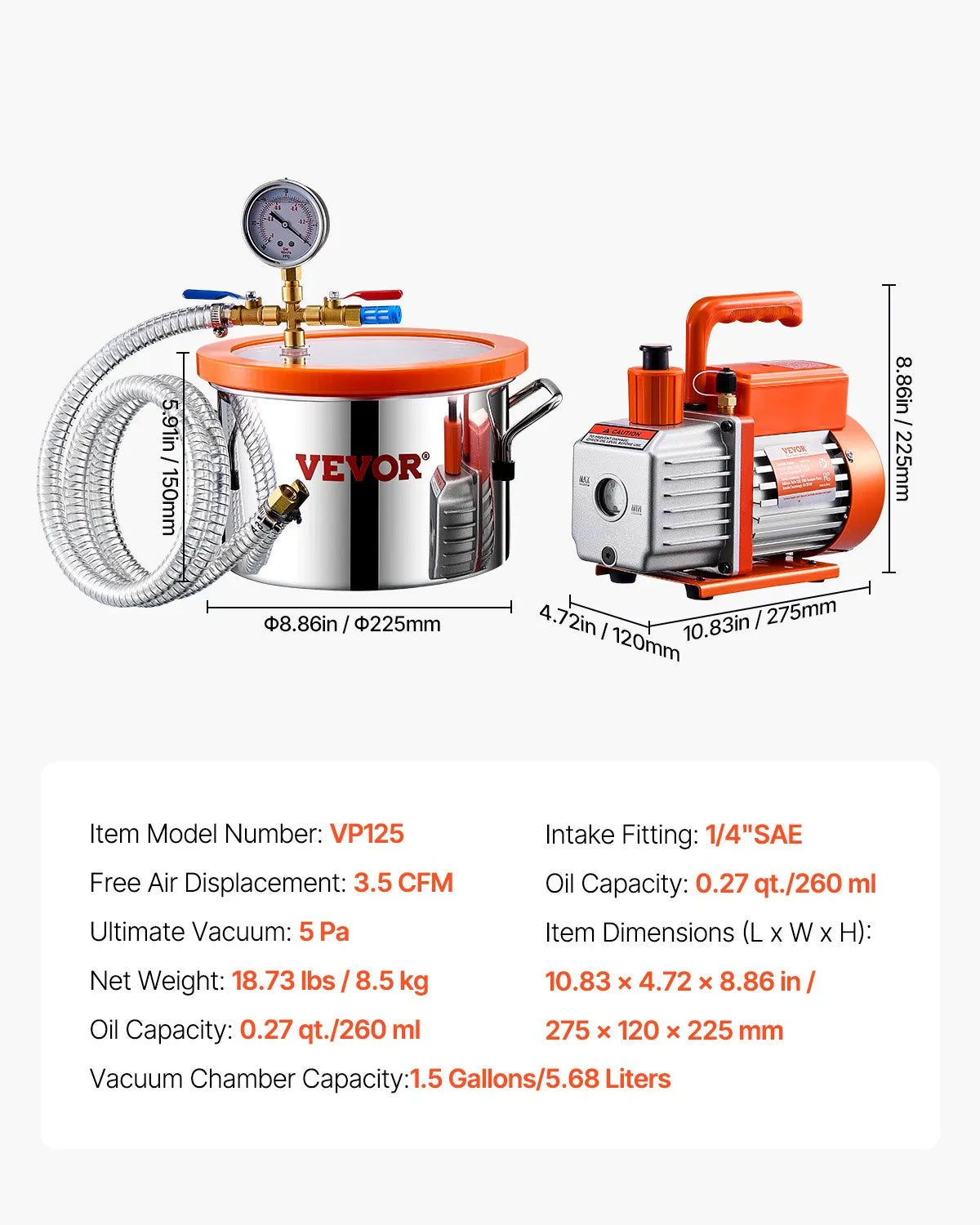VEVOR vakuuma kamera 5,7 l ar vienpakāpes vakuuma sūkni 100 l/min, nerūsējošā tērauda kamera ar akrila vāku, ar eļļu un 1,5 m šļūteni, paredzēta sveķu, silikonu un epoksīdu degazācijai