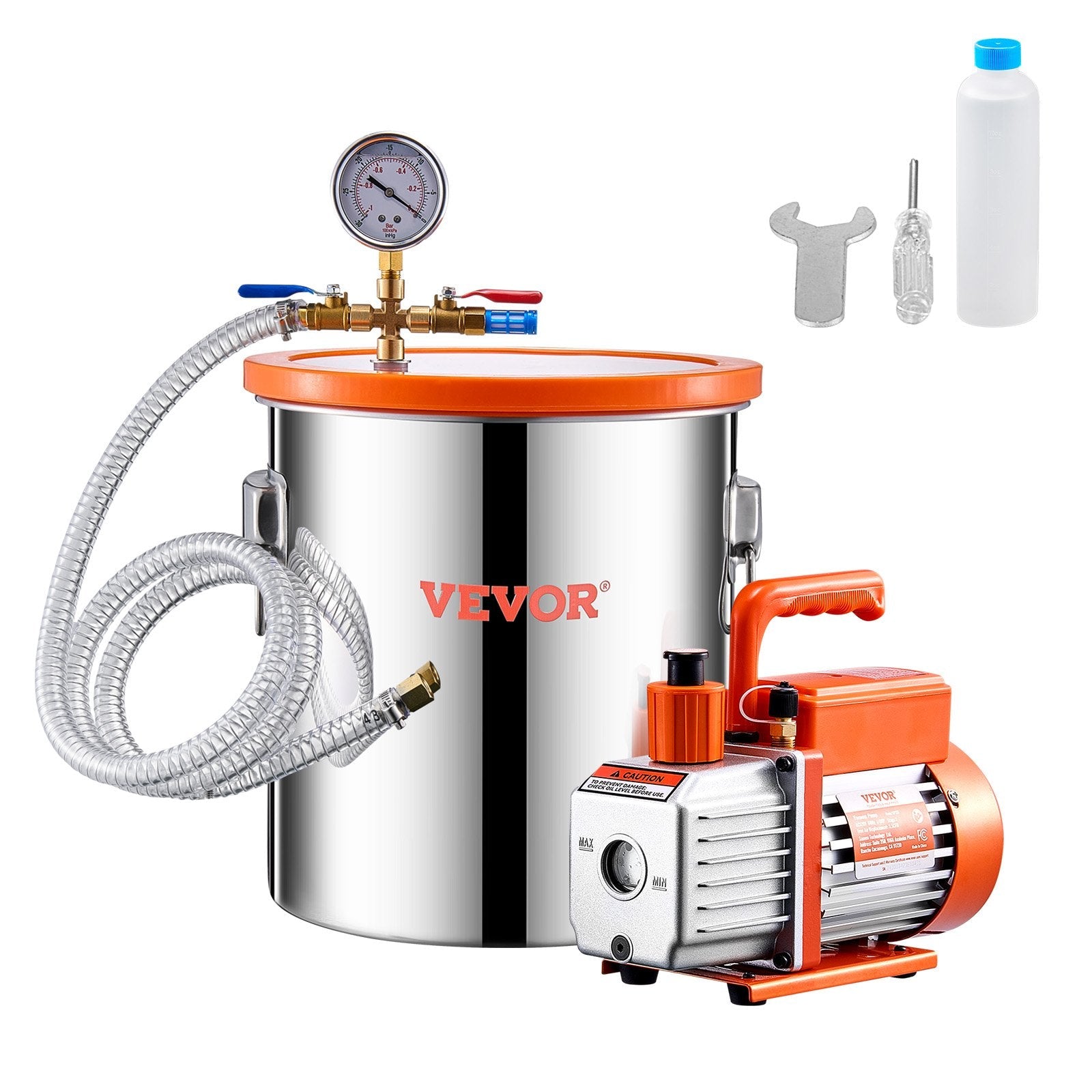 VEVOR vakuuma kamera 19 l ar vienpakāpes vakuuma sūkni 100 l/min, nerūsējošā tērauda kamera ar akrila vāku, ar eļļu un 1,5 m šļūteni, paredzēta sveķu, silikonu un epoksīdu degazācijai