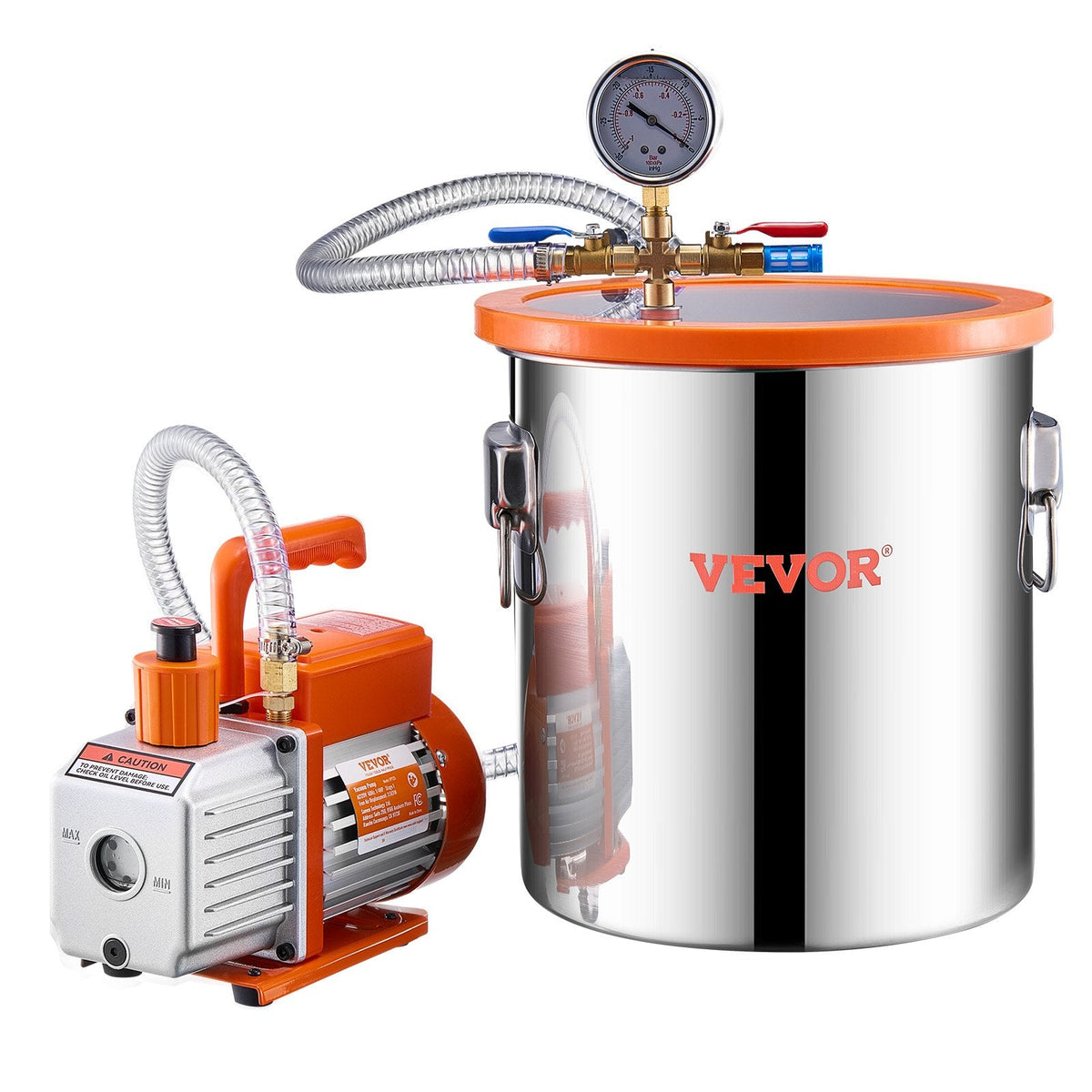 VEVOR vakuuma kamera 19 l ar vienpakāpes vakuuma sūkni 100 l/min, nerūsējošā tērauda kamera ar akrila vāku, ar eļļu un 1,5 m šļūteni, paredzēta sveķu, silikonu un epoksīdu degazācijai