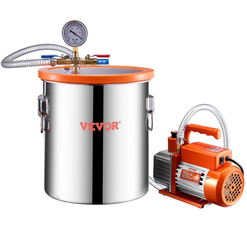 VEVOR vakuuma kamera 19 l ar vienpakāpes vakuuma sūkni 100 l/min, nerūsējošā tērauda kamera ar akrila vāku, ar eļļu un 1,5 m šļūteni, paredzēta sveķu, silikonu un epoksīdu degazācijai