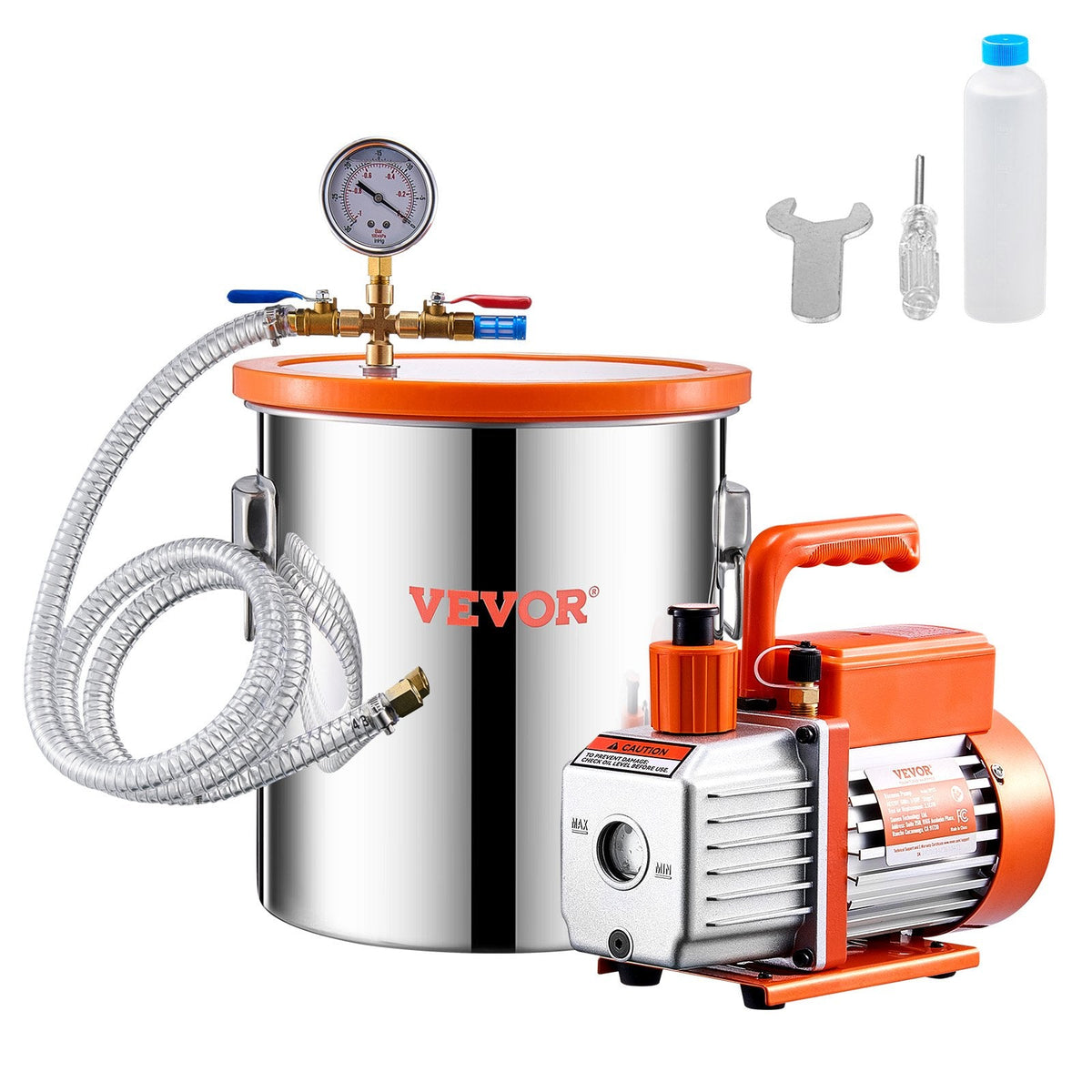 VEVOR vakuuma kamera 19 l ar vienpakāpes vakuuma sūkni 100 l/min, nerūsējošā tērauda kamera ar akrila vāku, ar eļļu un 1,5 m šļūteni, paredzēta sveķu, silikonu un epoksīdu degazācijai