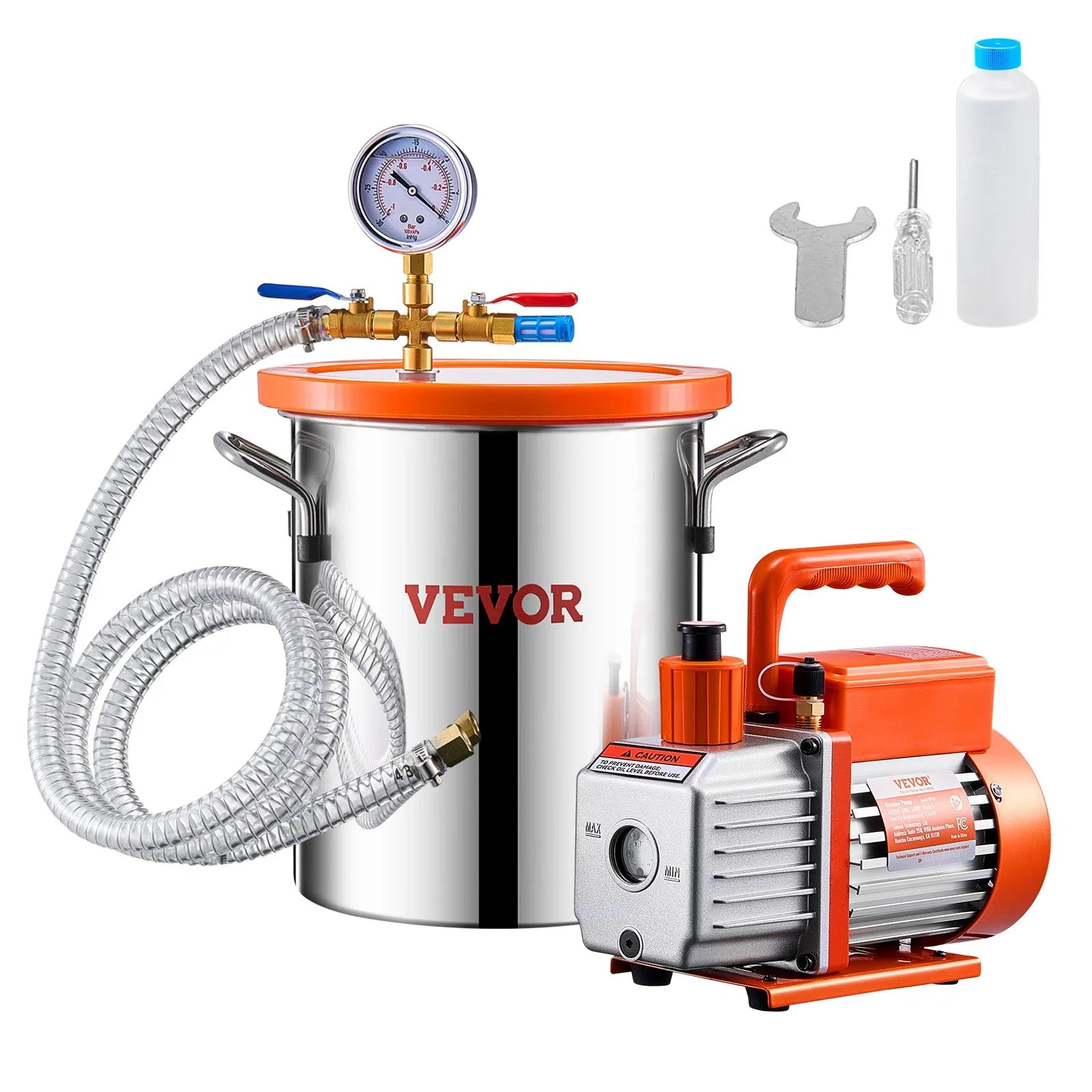 VEVOR 11 l vakuuma kamera ar vakuuma sūkni 100 l/min, vienpakāpes vakuuma degazēšanas komplekts ar nerūsējošā tērauda kameru, akrila vāku, eļļu un 1,5 m šļūteni, paredzēts sveķu, silikona un epoksīdu degazēšanai