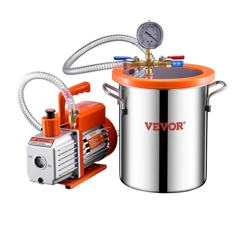 VEVOR 11 l vakuuma kamera ar vakuuma sūkni 100 l/min, vienpakāpes vakuuma degazēšanas komplekts ar nerūsējošā tērauda kameru, akrila vāku, eļļu un 1,5 m šļūteni, paredzēts sveķu, silikona un epoksīdu degazēšanai