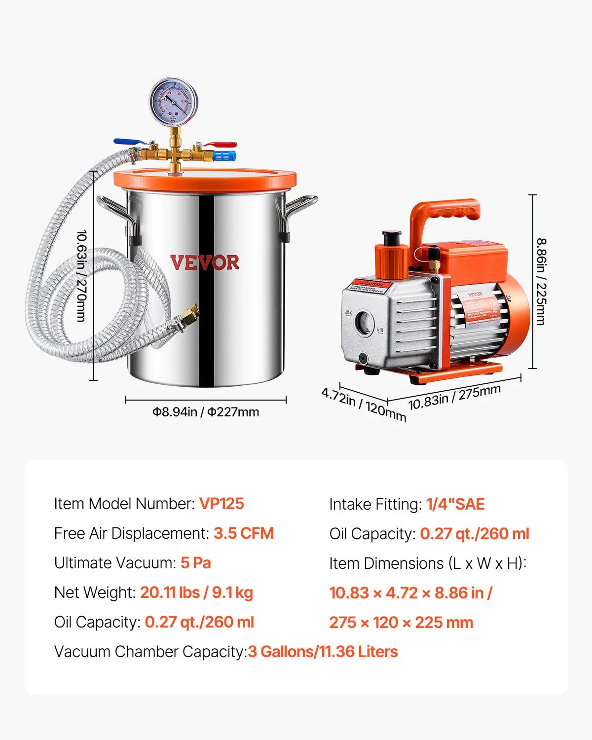 VEVOR 11 l vakuuma kamera ar vakuuma sūkni 100 l/min, vienpakāpes vakuuma degazēšanas komplekts ar nerūsējošā tērauda kameru, akrila vāku, eļļu un 1,5 m šļūteni, paredzēts sveķu, silikona un epoksīdu degazēšanai