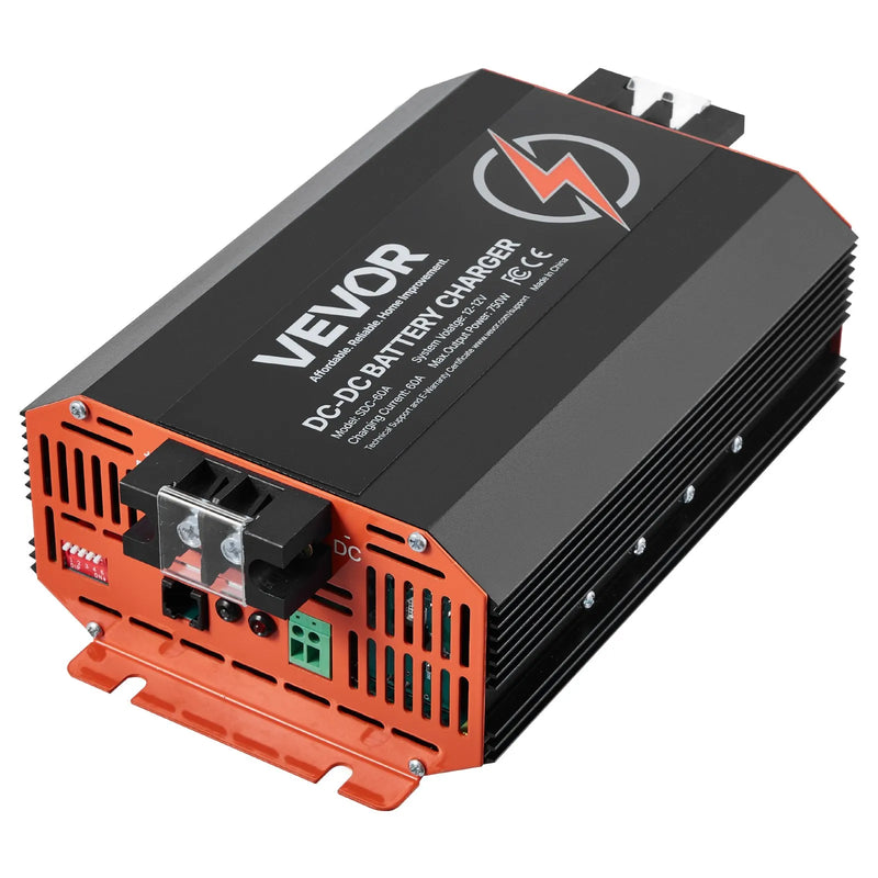 VEVOR 12 V 60 A DC–DC akumulatora lādētājs 750 W, borta lādētājs svina-skābes, litija, AGM, GEL un šķidrā elektrolīta akumulatoriem, viedā daudzpakāpju uzlāde, paredzēts kemperiem, komerctransportam, laivām un jahtām