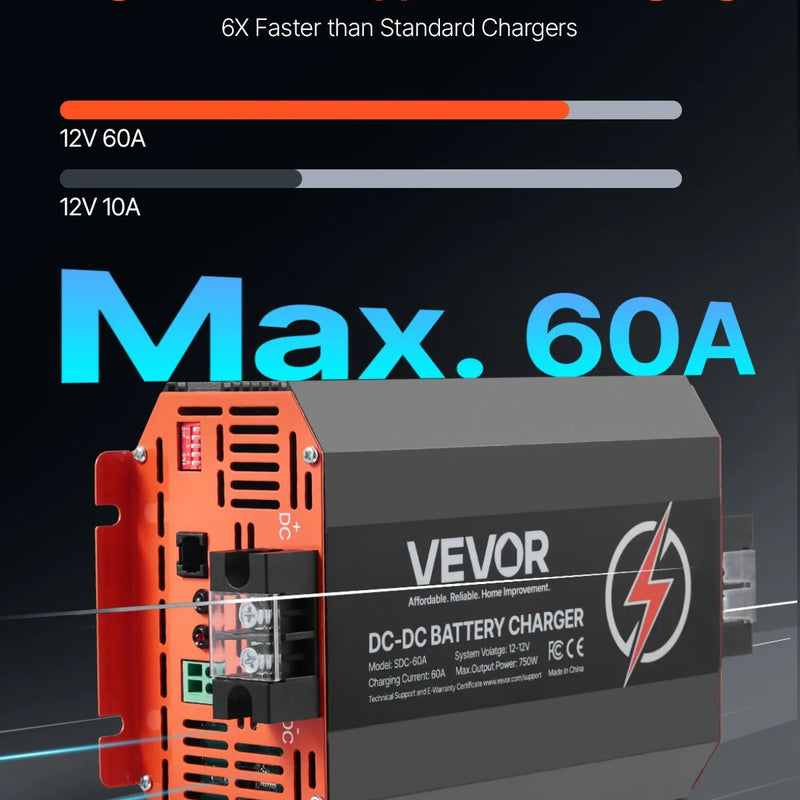 VEVOR 12 V 60 A DC–DC akumulatora lādētājs 750 W, borta lādētājs svina-skābes, litija, AGM, GEL un šķidrā elektrolīta akumulatoriem, viedā daudzpakāpju uzlāde, paredzēts kemperiem, komerctransportam, laivām un jahtām