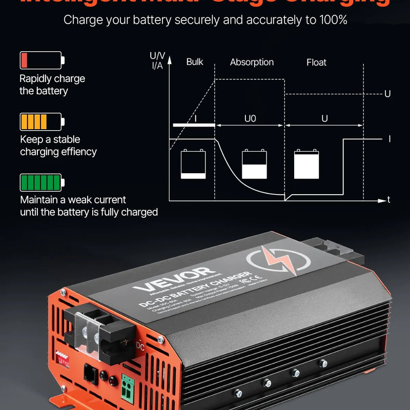 VEVOR 12 V 60 A DC–DC akumulatora lādētājs 750 W, borta lādētājs svina-skābes, litija, AGM, GEL un šķidrā elektrolīta akumulatoriem, viedā daudzpakāpju uzlāde, paredzēts kemperiem, komerctransportam, laivām un jahtām