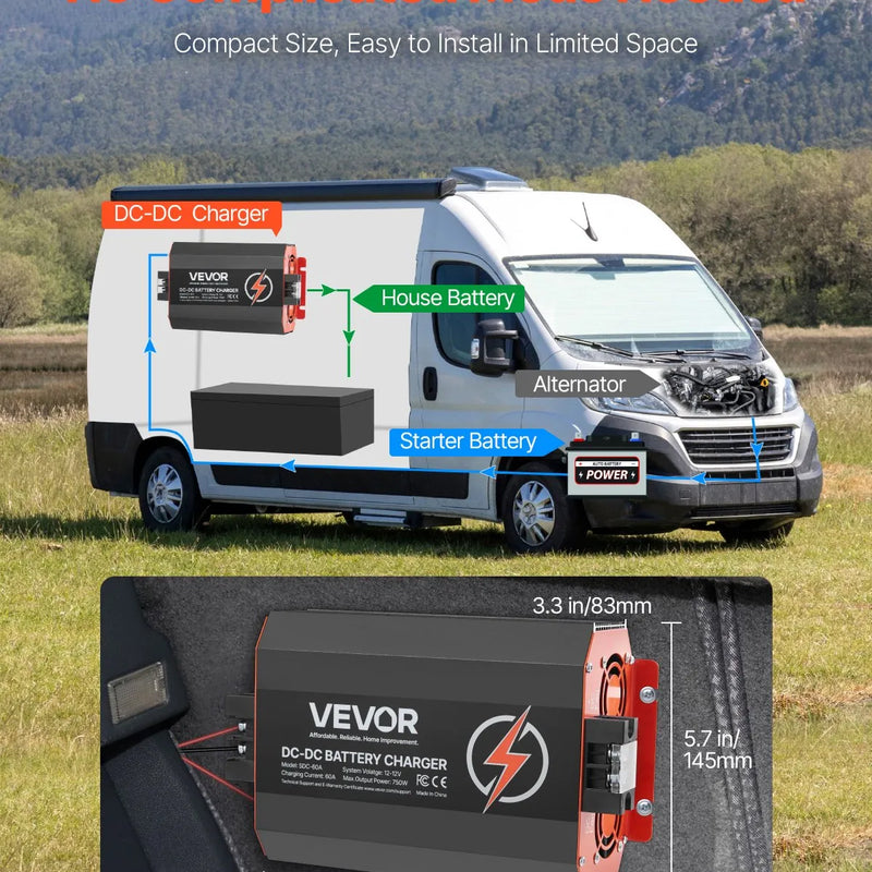 VEVOR 12 V 60 A DC–DC akumulatora lādētājs 750 W, borta lādētājs svina-skābes, litija, AGM, GEL un šķidrā elektrolīta akumulatoriem, viedā daudzpakāpju uzlāde, paredzēts kemperiem, komerctransportam, laivām un jahtām