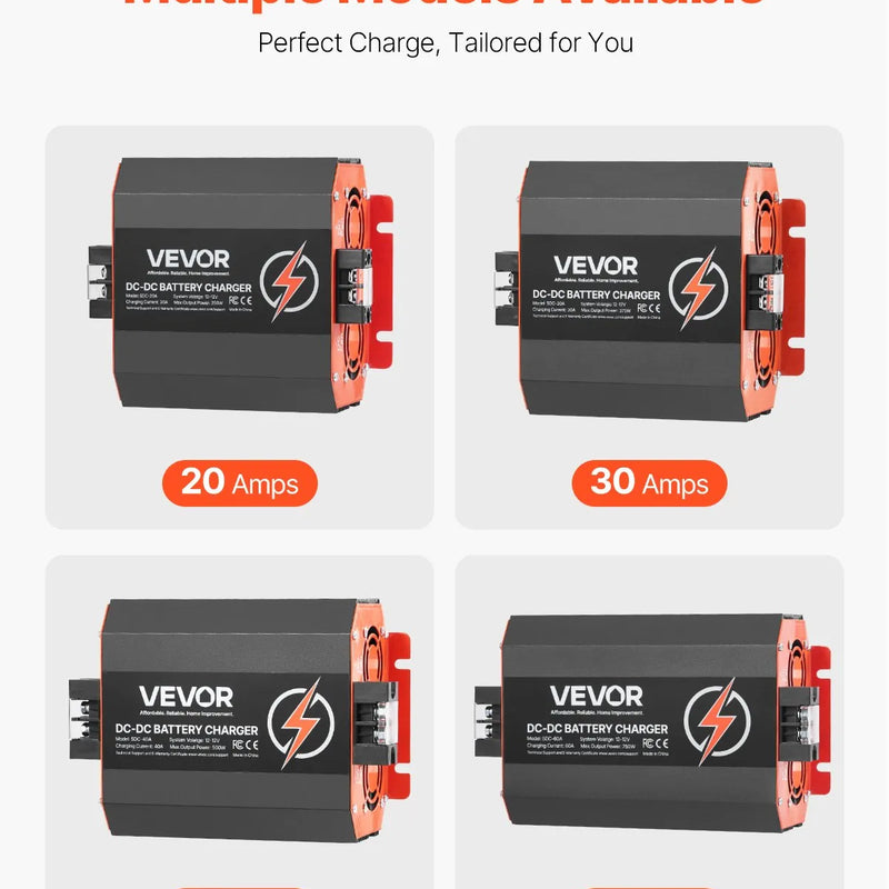 VEVOR 12 V 60 A DC–DC akumulatora lādētājs 750 W, borta lādētājs svina-skābes, litija, AGM, GEL un šķidrā elektrolīta akumulatoriem, viedā daudzpakāpju uzlāde, paredzēts kemperiem, komerctransportam, laivām un jahtām