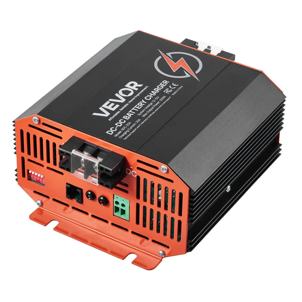VEVOR 12 V 20 A DC–DC akumulatora lādētājs 250 W, borta lādētājs svina-skābes, litija, AGM, GEL un šķidrā elektrolīta akumulatoriem, viedā daudzpakāpju uzlāde, paredzēts kemperiem, komerctransportam, laivām un jahtām