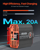 VEVOR 12 V 20 A DC–DC akumulatora lādētājs 250 W, borta lādētājs svina-skābes, litija, AGM, GEL un šķidrā elektrolīta akumulatoriem, viedā daudzpakāpju uzlāde, paredzēts kemperiem, komerctransportam, laivām un jahtām