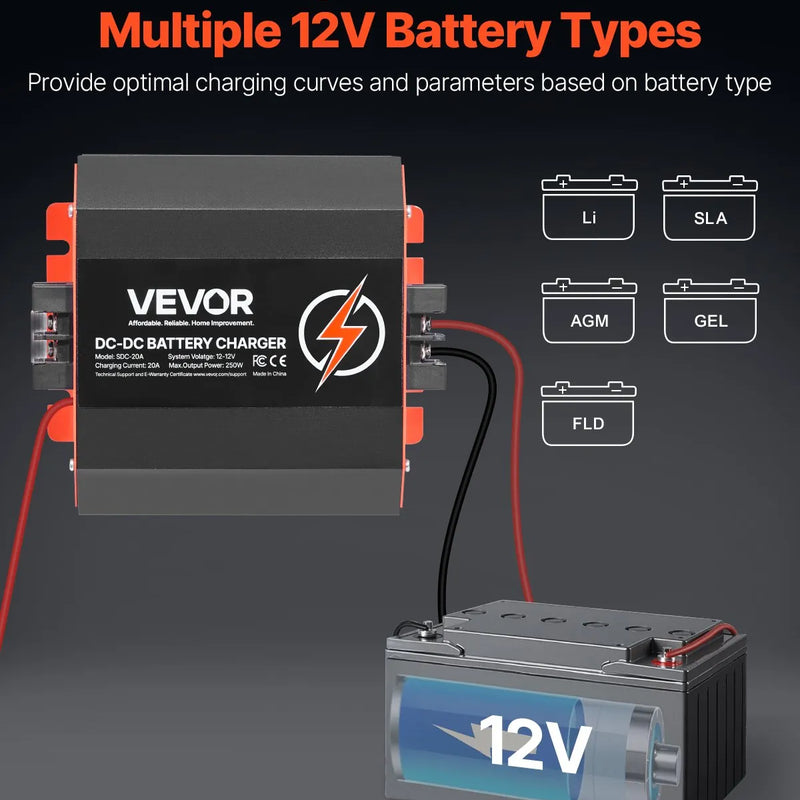 VEVOR 12 V 20 A DC–DC akumulatora lādētājs 250 W, borta lādētājs svina-skābes, litija, AGM, GEL un šķidrā elektrolīta akumulatoriem, viedā daudzpakāpju uzlāde, paredzēts kemperiem, komerctransportam, laivām un jahtām