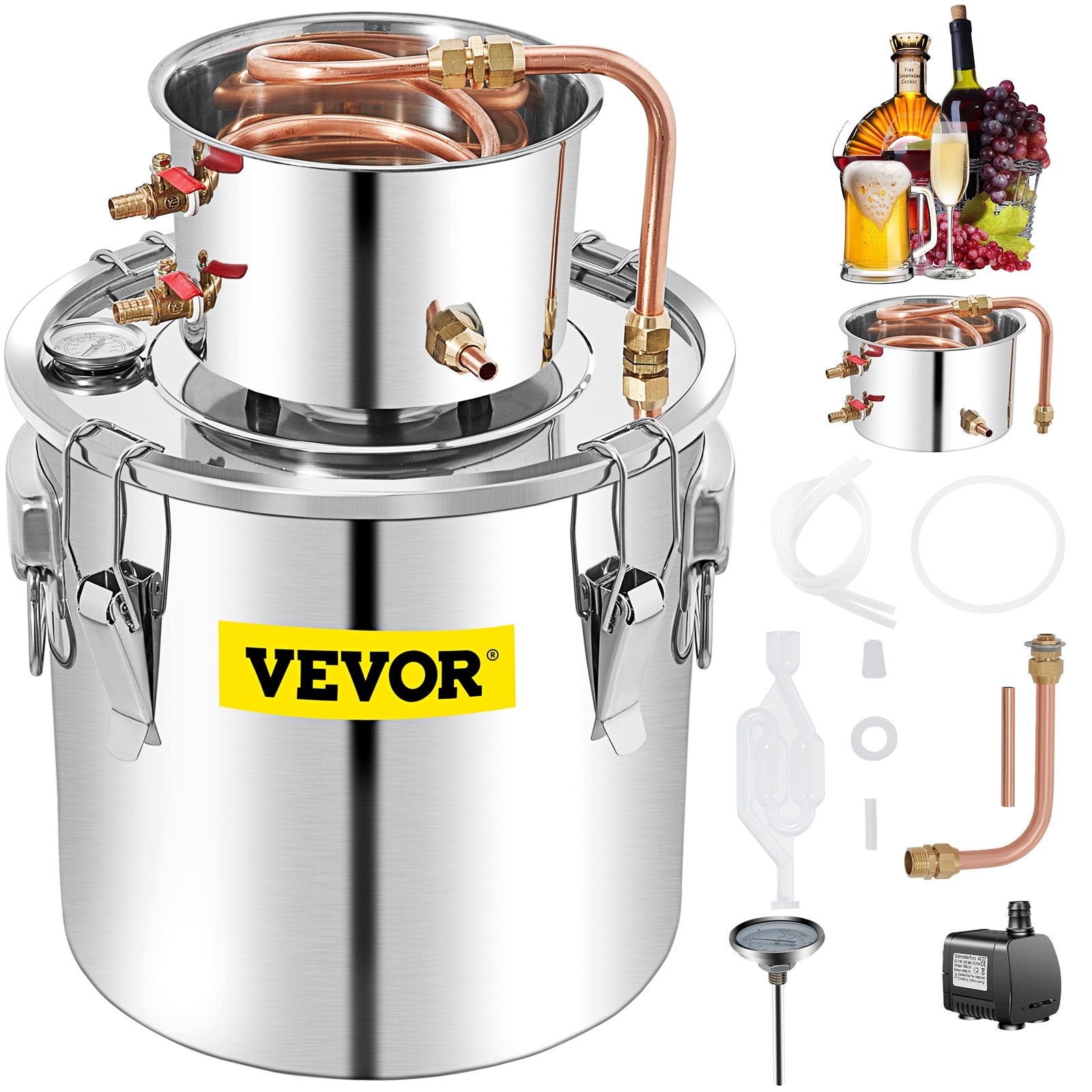 50L stainless steel still with condenser, copper tube and built-in thermometer, for home use