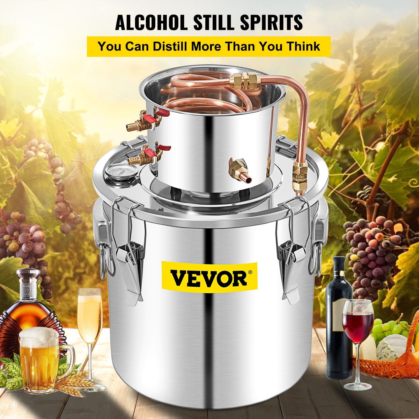50L stainless steel still with condenser, copper tube and built-in thermometer, for home use