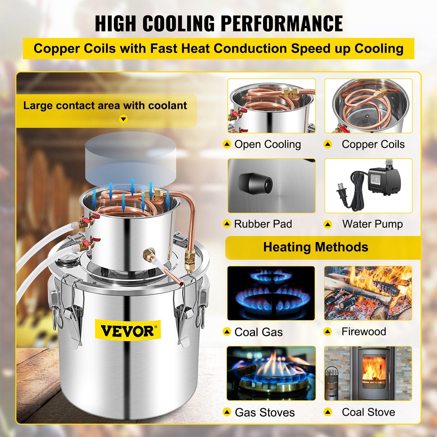 50L stainless steel still with condenser, copper tube and built-in thermometer, for home use