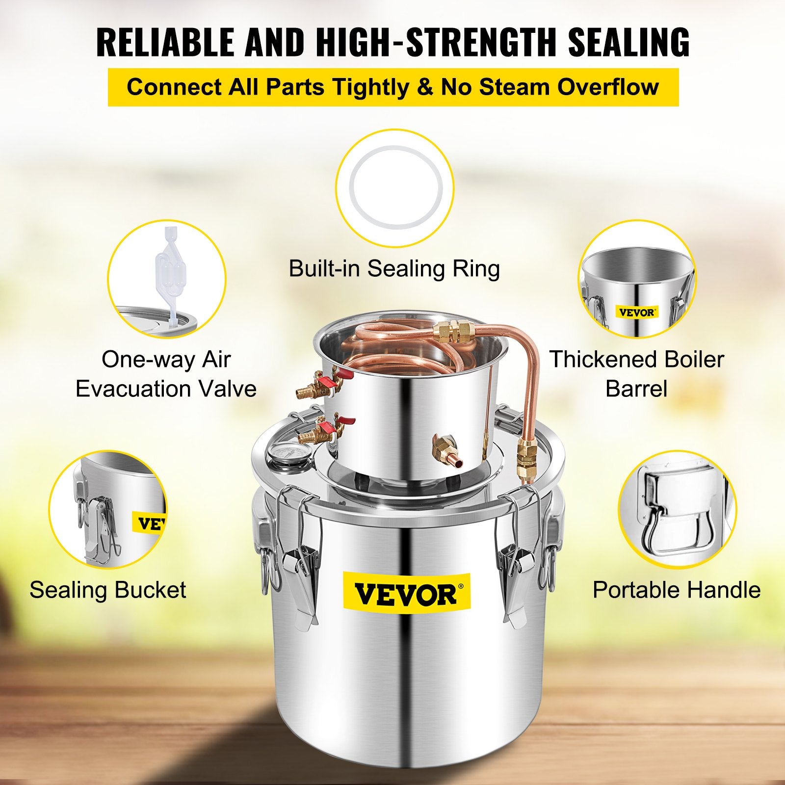 50L stainless steel still with condenser, copper tube and built-in thermometer, for home use