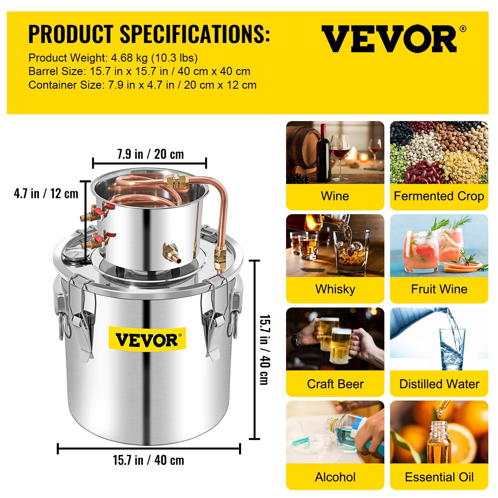 50L stainless steel still with condenser, copper tube and built-in thermometer, for home use