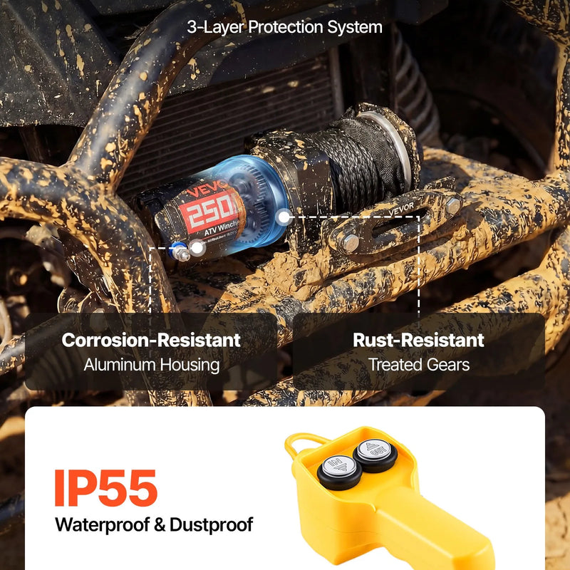 VEVOR elektriskā vinča ATV/UTV 1134 kg ar Φ4,8 mm x 12 m sintētisko trosi, vadu tālvadības pulti, IP55 ūdensizturība, alumīnija korpuss ar troses vadotni un montāžas plāksni bezceļu vilkšanai