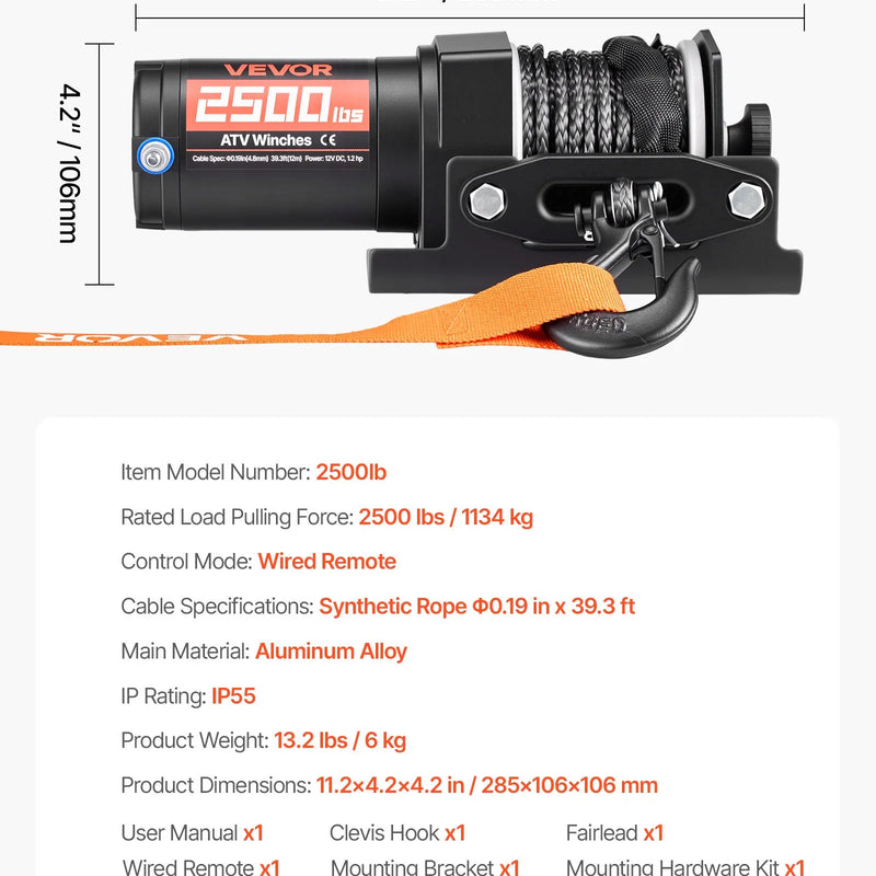 VEVOR elektriskā vinča ATV/UTV 1134 kg ar Φ4,8 mm x 12 m sintētisko trosi, vadu tālvadības pulti, IP55 ūdensizturība, alumīnija korpuss ar troses vadotni un montāžas plāksni bezceļu vilkšanai