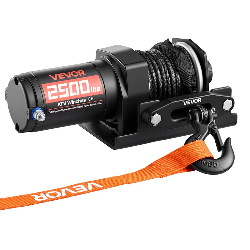 VEVOR elektriskā vinča ATV/UTV 1134 kg ar Φ4,8 mm x 12 m sintētisko trosi, vadu tālvadības pulti, IP55 ūdensizturība, alumīnija korpuss ar troses vadotni un montāžas plāksni bezceļu vilkšanai