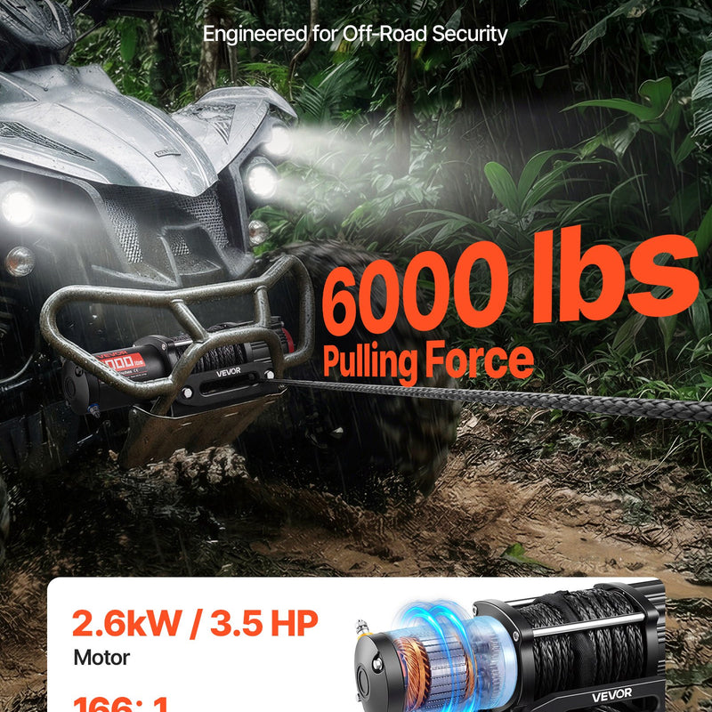 VEVOR elektriskā vinča ATV/UTV 2721 kg ar Φ6 mm x 15 m sintētisko trosi, bezvadu un vadu tālvadības pulti, IP55 ūdensizturība, ar troses vadotni un montāžas plāksni bezceļu vilkšanai