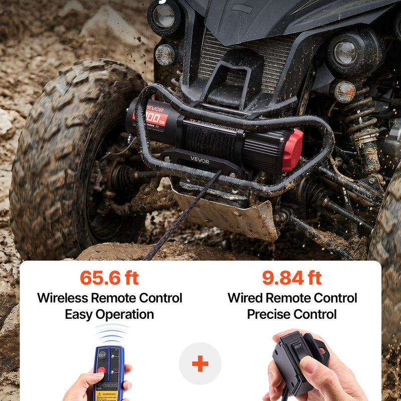 VEVOR elektriskā vinča ATV/UTV 2721 kg ar Φ6 mm x 15 m sintētisko trosi, bezvadu un vadu tālvadības pulti, IP55 ūdensizturība, ar troses vadotni un montāžas plāksni bezceļu vilkšanai
