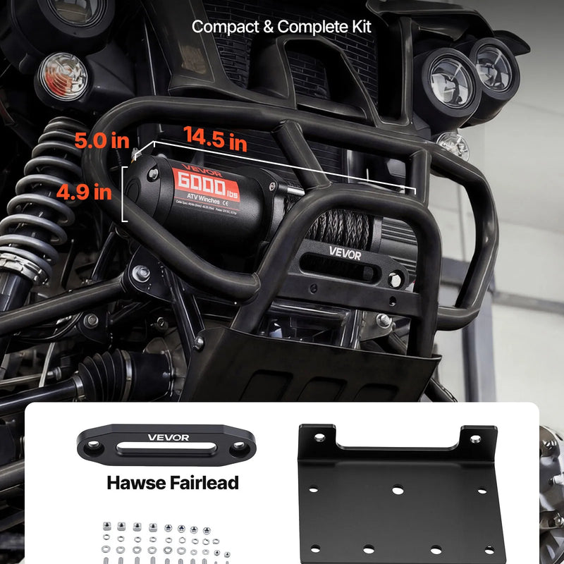 VEVOR elektriskā vinča ATV/UTV 2721 kg ar Φ6 mm x 15 m sintētisko trosi, bezvadu un vadu tālvadības pulti, IP55 ūdensizturība, ar troses vadotni un montāžas plāksni bezceļu vilkšanai