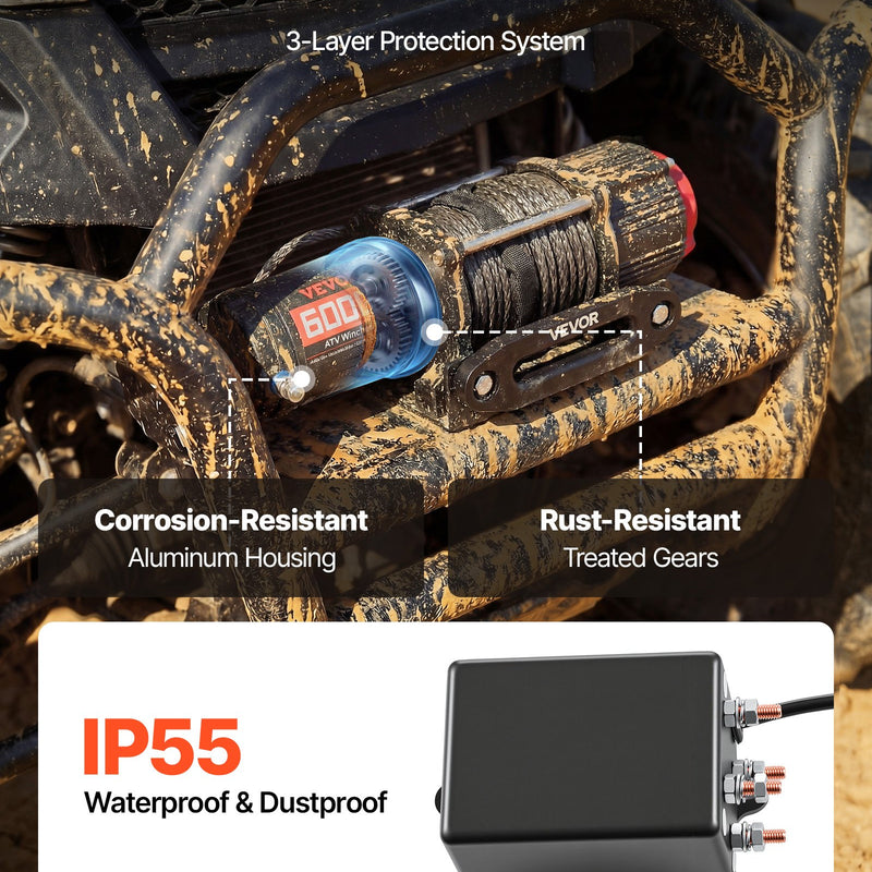VEVOR elektriskā vinča ATV/UTV 2721 kg ar Φ6 mm x 15 m sintētisko trosi, bezvadu un vadu tālvadības pulti, IP55 ūdensizturība, ar troses vadotni un montāžas plāksni bezceļu vilkšanai