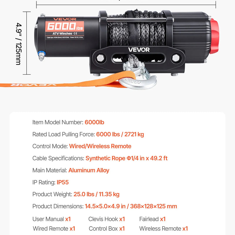 VEVOR elektriskā vinča ATV/UTV 2721 kg ar Φ6 mm x 15 m sintētisko trosi, bezvadu un vadu tālvadības pulti, IP55 ūdensizturība, ar troses vadotni un montāžas plāksni bezceļu vilkšanai