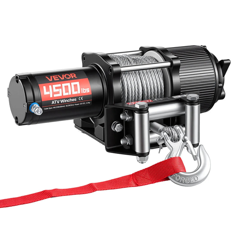 VEVOR elektriskā vinča ATV/UTV 2041 kg ar Φ6 mm x 12 m tērauda trosi, bezvadu un vadu tālvadības pulti, IP54 ūdensizturība, ar rullīšu vadotni un montāžas plāksni bezceļu vilkšanai
