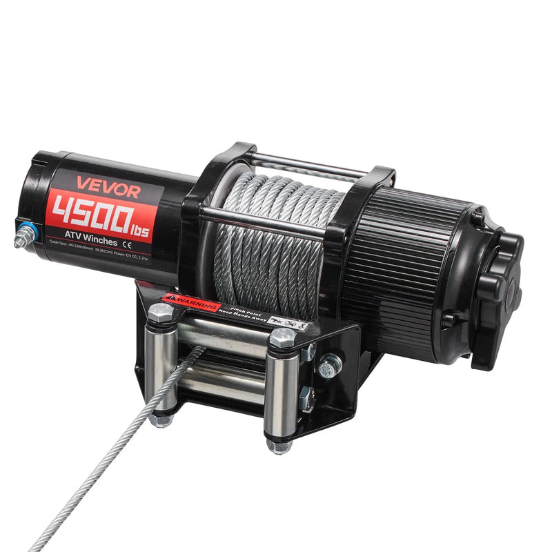 VEVOR elektriskā vinča ATV/UTV 2041 kg ar Φ6 mm x 12 m tērauda trosi, bezvadu un vadu tālvadības pulti, IP54 ūdensizturība, ar rullīšu vadotni un montāžas plāksni bezceļu vilkšanai