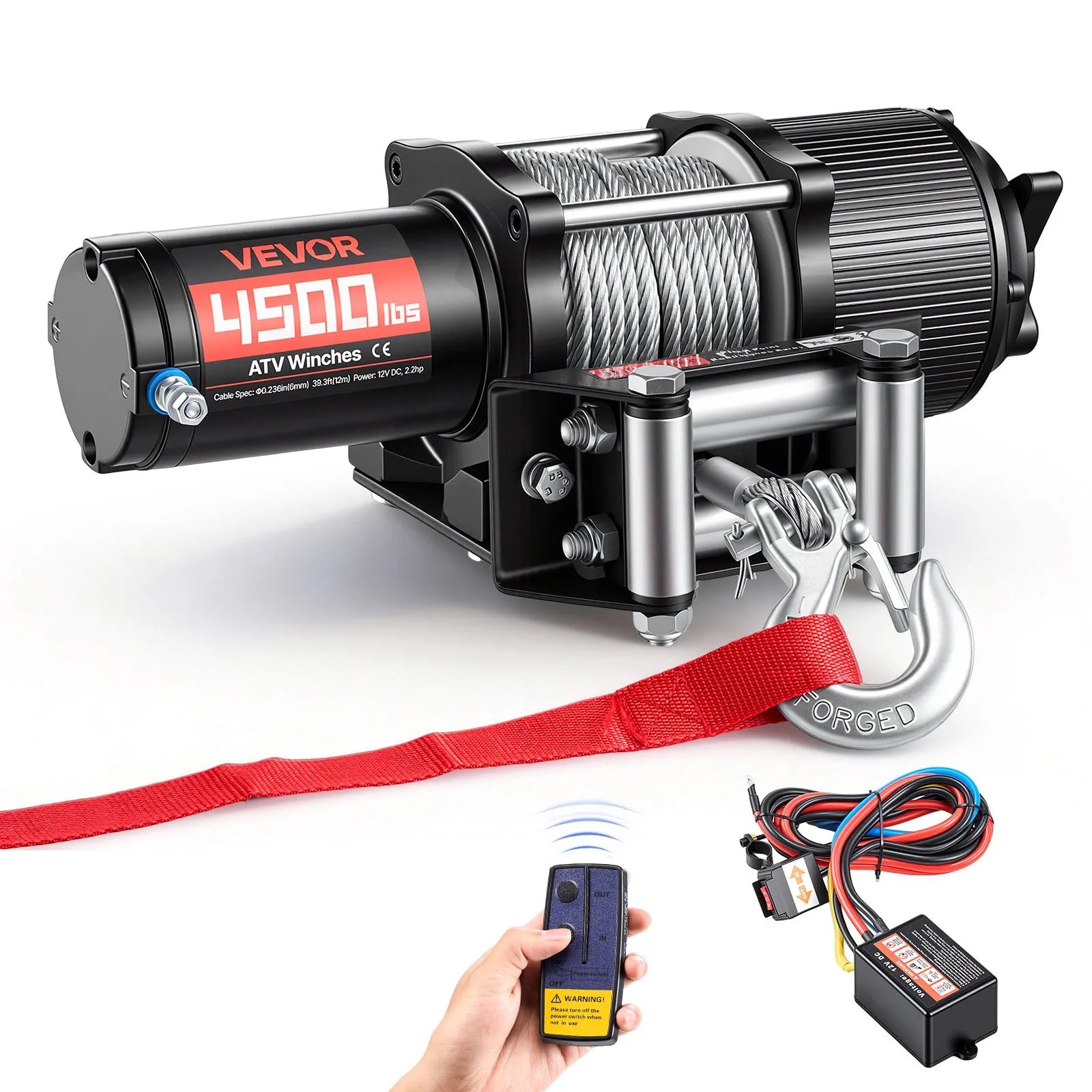VEVOR elektriskā vinča ATV/UTV 2041 kg ar Φ6 mm x 12 m tērauda trosi, bezvadu un vadu tālvadības pulti, IP54 ūdensizturība, ar rullīšu vadotni un montāžas plāksni bezceļu vilkšanai