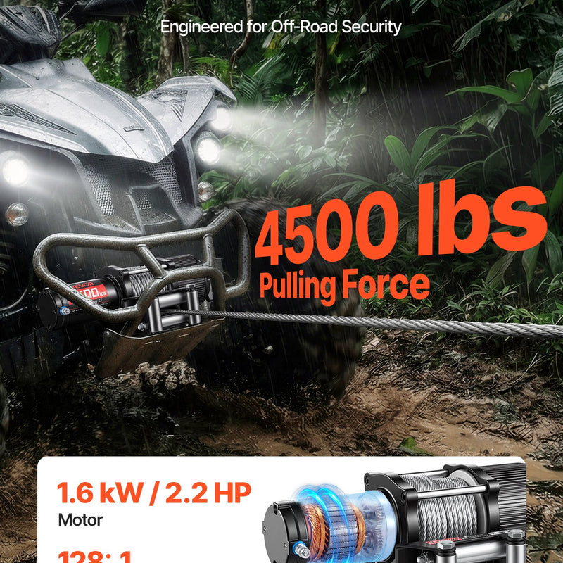 VEVOR elektriskā vinča ATV/UTV 2041 kg ar Φ6 mm x 12 m tērauda trosi, bezvadu un vadu tālvadības pulti, IP54 ūdensizturība, ar rullīšu vadotni un montāžas plāksni bezceļu vilkšanai