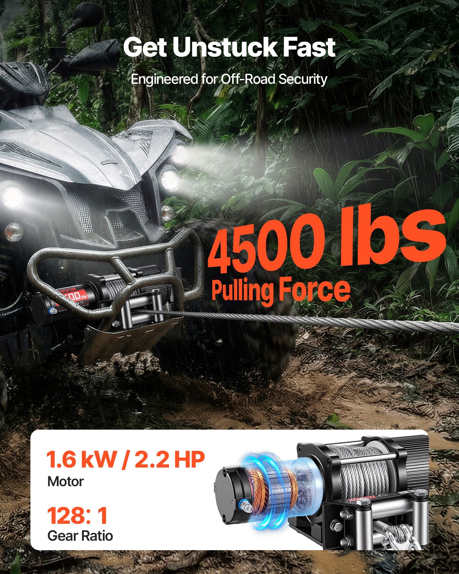 VEVOR elektriskā vinča ATV/UTV 2041 kg ar Φ6 mm x 12 m tērauda trosi, bezvadu un vadu tālvadības pulti, IP54 ūdensizturība, ar rullīšu vadotni un montāžas plāksni bezceļu vilkšanai