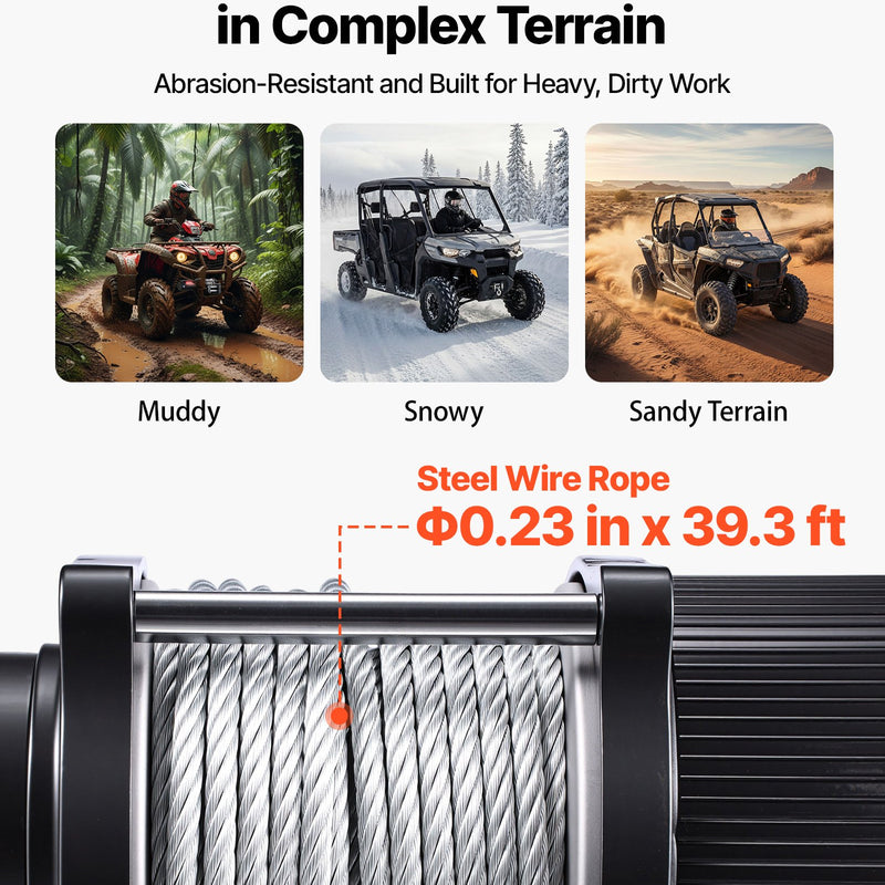 VEVOR elektriskā vinča ATV/UTV 2041 kg ar Φ6 mm x 12 m tērauda trosi, bezvadu un vadu tālvadības pulti, IP54 ūdensizturība, ar rullīšu vadotni un montāžas plāksni bezceļu vilkšanai