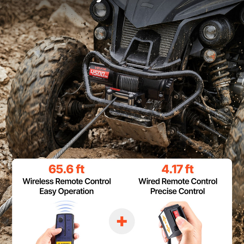VEVOR elektriskā vinča ATV/UTV 2041 kg ar Φ6 mm x 12 m tērauda trosi, bezvadu un vadu tālvadības pulti, IP54 ūdensizturība, ar rullīšu vadotni un montāžas plāksni bezceļu vilkšanai