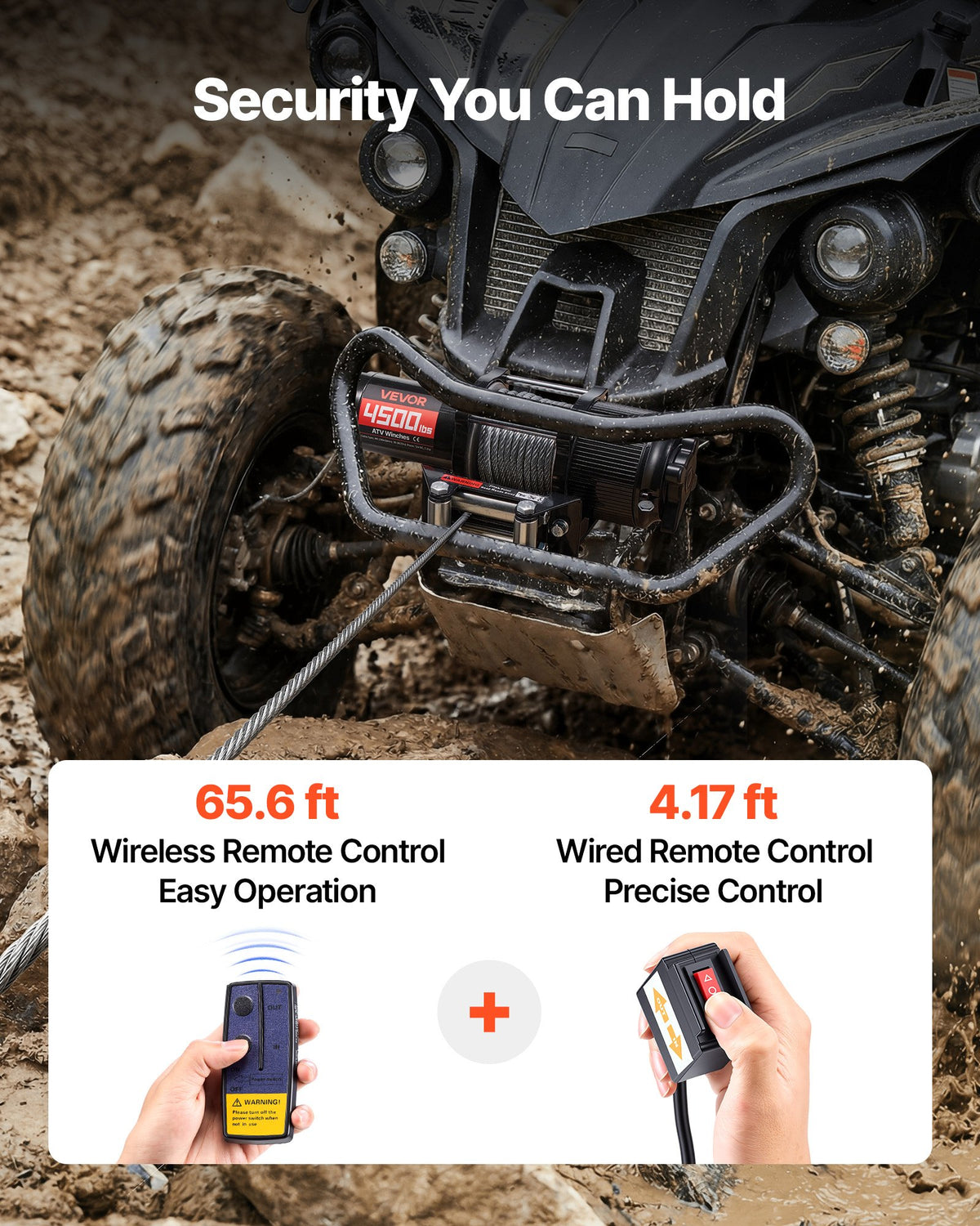 VEVOR elektriskā vinča ATV/UTV 2041 kg ar Φ6 mm x 12 m tērauda trosi, bezvadu un vadu tālvadības pulti, IP54 ūdensizturība, ar rullīšu vadotni un montāžas plāksni bezceļu vilkšanai