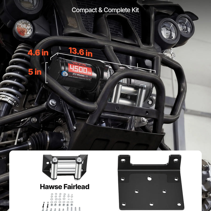 VEVOR elektriskā vinča ATV/UTV 2041 kg ar Φ6 mm x 12 m tērauda trosi, bezvadu un vadu tālvadības pulti, IP54 ūdensizturība, ar rullīšu vadotni un montāžas plāksni bezceļu vilkšanai
