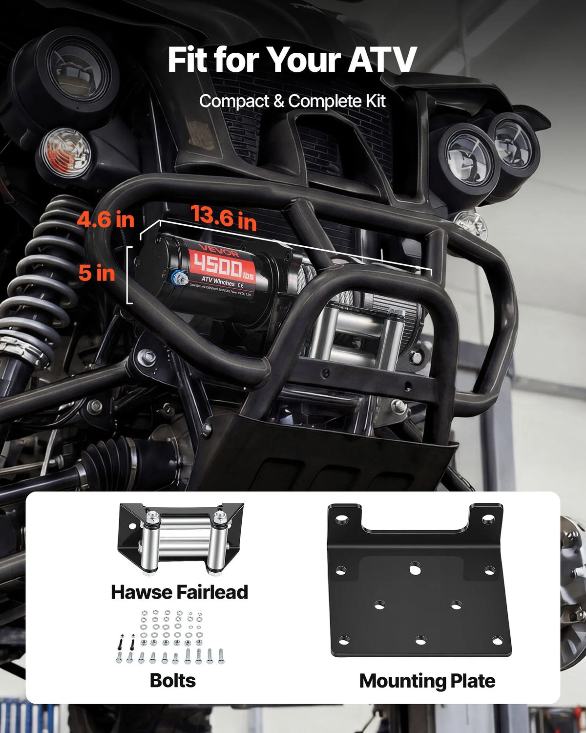 VEVOR elektriskā vinča ATV/UTV 2041 kg ar Φ6 mm x 12 m tērauda trosi, bezvadu un vadu tālvadības pulti, IP54 ūdensizturība, ar rullīšu vadotni un montāžas plāksni bezceļu vilkšanai
