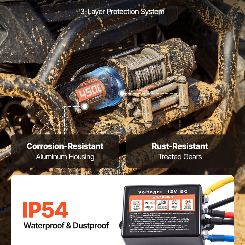 VEVOR elektriskā vinča ATV/UTV 2041 kg ar Φ6 mm x 12 m tērauda trosi, bezvadu un vadu tālvadības pulti, IP54 ūdensizturība, ar rullīšu vadotni un montāžas plāksni bezceļu vilkšanai