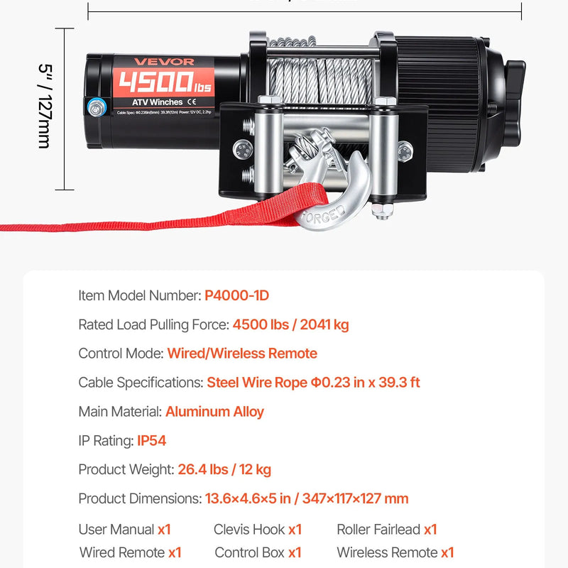 VEVOR elektriskā vinča ATV/UTV 2041 kg ar Φ6 mm x 12 m tērauda trosi, bezvadu un vadu tālvadības pulti, IP54 ūdensizturība, ar rullīšu vadotni un montāžas plāksni bezceļu vilkšanai