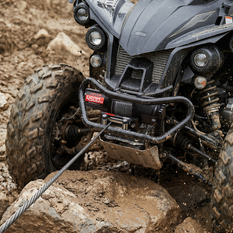 VEVOR elektriskā vinča ATV/UTV 2041 kg ar Φ6 mm x 12 m tērauda trosi, bezvadu un vadu tālvadības pulti, IP54 ūdensizturība, ar rullīšu vadotni un montāžas plāksni bezceļu vilkšanai