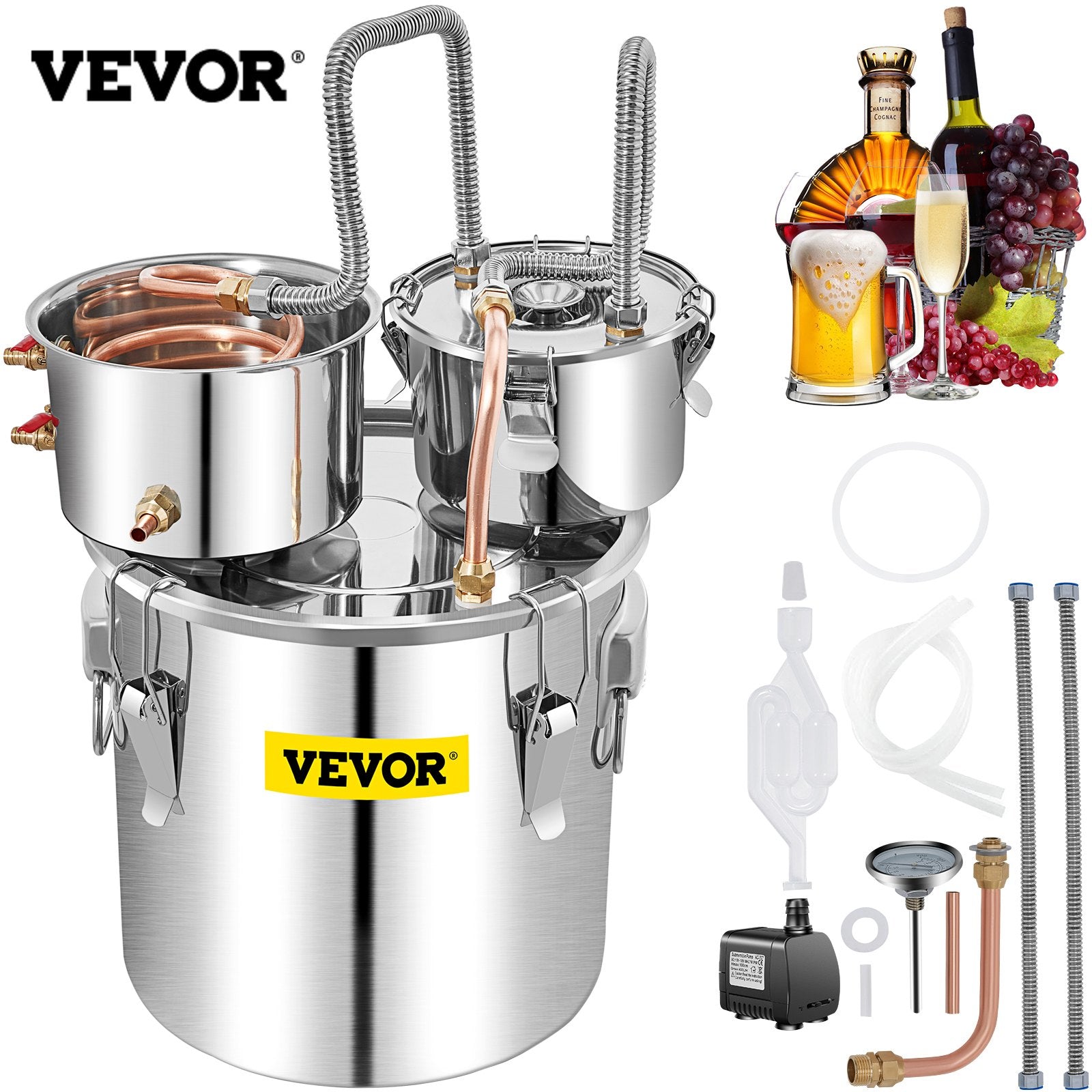 50L SUS still with condenser and trumper, essential oils production boiler with copper pipe, home brewing kit with built-in thermometer