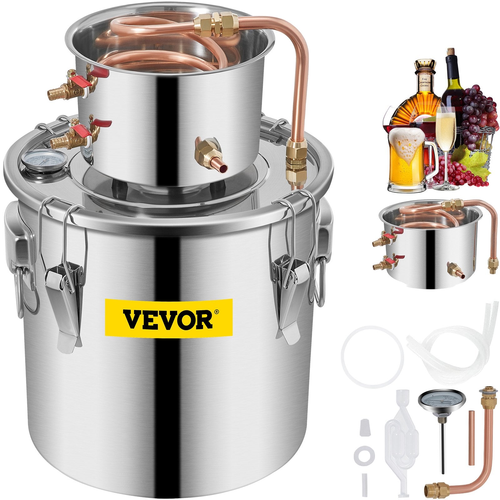 11.4L distillation apparatus with built-in thermometer on lid and water circulation pump, suitable for alcohol distillation, essential oil extraction and water purification